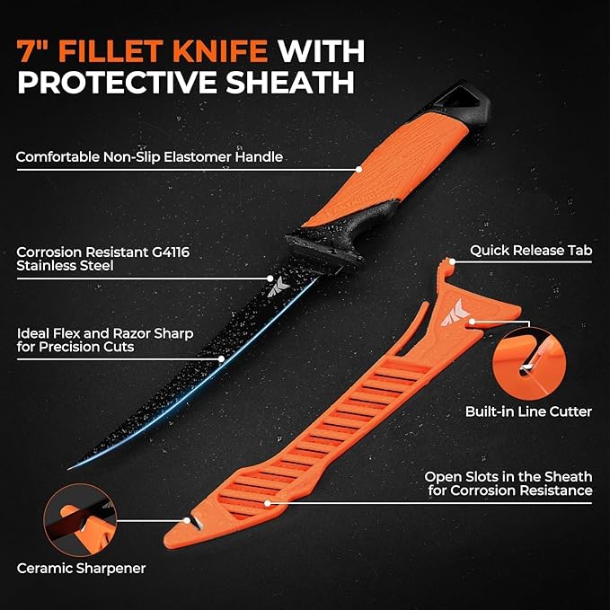 KastKing FieldLite Fishing Tool Set, Camping Gear Set, Multi-Function Outdoor Kit, 5-Mode LED Headlamp, 7.5" Fishing Pliers, 7" Razor-Sharp Knife, 7" Filet Knife, 5-in-1 Tactical Bracelet