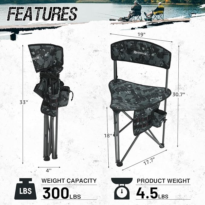 X Strike Portable Fishing Chairs Outdoor Folding Stool for Adults Portable Camping Chair for Ice Fishing,Hunting,Lawn,Patio,Garden,300LBS.