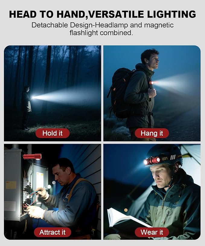 LED Rechargeable Headlamp for Adults - Hard Hat Light Running Head Lamp with Red Light, Magnet, 180° Tilt, 7 Modes, Detachable Flashlight & Headband, Outdoor, Emergency 1PC, Red
