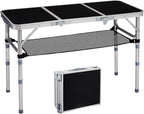 VINGLI Small Folding Table Portable 3FT Aluminum Foldable Camping Table for Picnic Card Table with 3 Adjustable Height & Carry Handle for Outdoor Indoor Hiking Camp BBQ Beach-Black