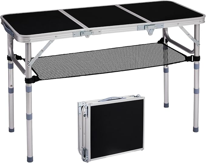VINGLI Small Folding Table Portable 3FT Aluminum Foldable Camping Table for Picnic Card Table with 3 Adjustable Height & Carry Handle for Outdoor Indoor Hiking Camp BBQ Beach-Black