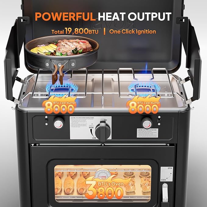 ROVSUN 2-in-1 Portable Camping Stove & Propane Oven with Piezo Igniter, 2 Burner Stove & Outdoor Oven with Adjustable Fire, Thermometer, Wind Panel & Regulator for Traveling, Tailgating (Black)