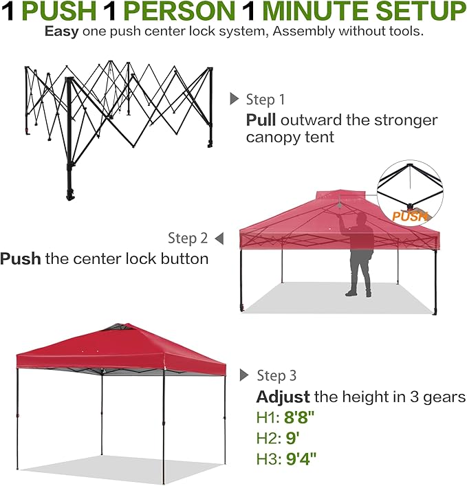 10'x10' Pop Up Canopy Tent with 1 Sidewall and 6 Pockets, One Push Setup, Instant Shade Tent with Vented Roof for Beach Patio Outdoor, Case, 8 Stakes, 4 Ropes, 4 Sandbags (Red, 10x10)