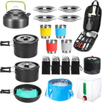 Gejoy 42 Pcs Camping Cookware Mess Kit, Non Stick Lightweight Pots Pan Kettle, Collapsible Water Container and Bucket, Stainless Steel Cups Plates Forks Knives Spoons for Outdoor Backpacking Picnic