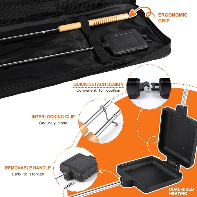Outdoor pie irons for camping - with heat-resistant, detachable handles, includes a storage bag, easy to clean, perfect for grilling sandwiches and pies over a campfire (2-pack)