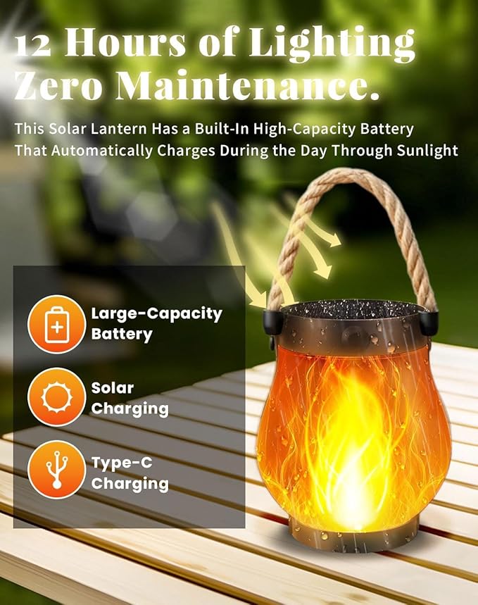 Solar Lantern Outdoor Lights, Solar Lantern, Flame Camp Lamp , Realistic Flames, Ip65 Waterproof, for Patio Poolside Yard Patio Porch Garden Path (3 PCS)