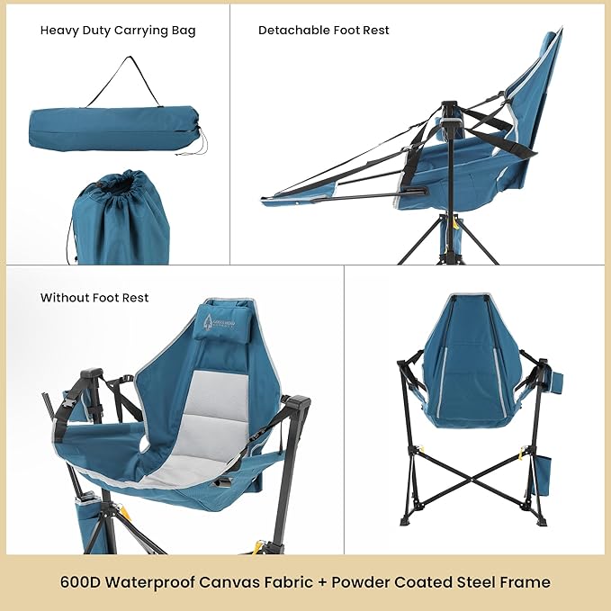 Arrowhead Outdoor Folding Hammock Camp Chair with Detachable Footrest, Stabilized Feet, Padded Headrest and Seat, Large Cup Holders, 300 LBS Weight Capacity, for Camping, Beach, Tailgating