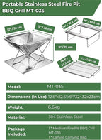 CAMPINGMOON 3 in 1 Portable Fire Pit 12 inch Foldable Stainless Steel Wood Burning Camping Stove BBQ Grill for 3 People Adjustable Height Outdoor Cooking Campfire Carry Bag included MT-035