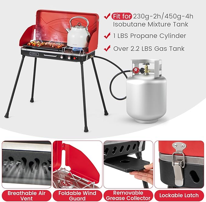 HAPPYGRILL Portable Camping Stove, 2-Burner Propane Grill Cooker with Removable Leg Stand, Roast Grill, Dual Control Knobs, Wind Guards, Outdoor Gas Grill for Camping BBQ Picnic, Red