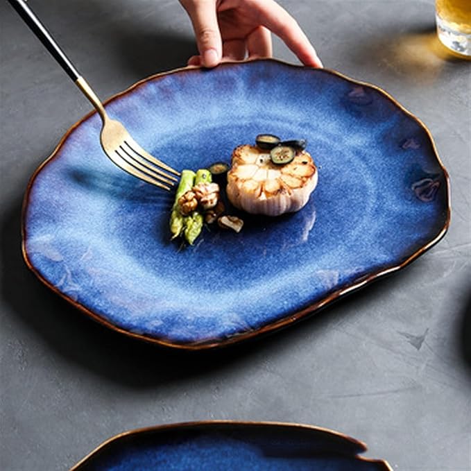 Camping Plates Creative Ceramic Dinner Plate Dark Blue Irregular Tablet Home Restaurant Western Plate Kitchen Decoration Tableware Decorative Plate(21.7 cm)