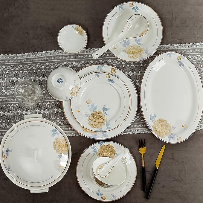 Gold Rim Ceramic Tableware Set Handmade Modern White China Ceramic Floral Tableware Set Suitable for Family Hotel Restaurant 60 Piece