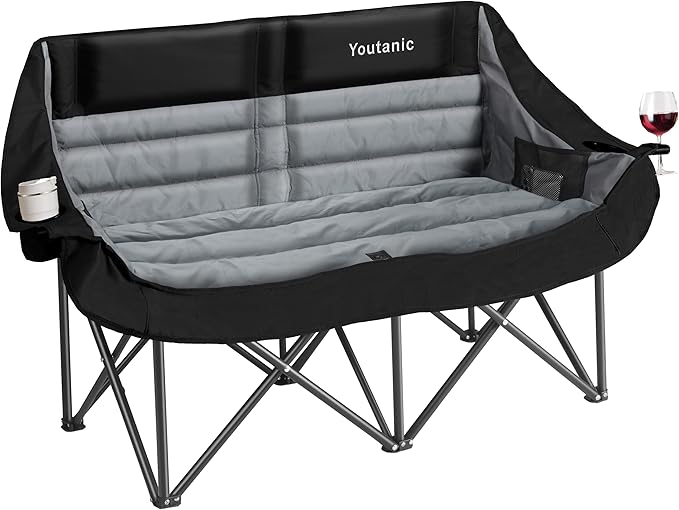 Oversized Double Camping Chair, Folding Loveseat Camping Couch with Pocket, Cup Holder and Carry Bag, Heavy Duty Portable Camping Chairs for Adults, Fishing, Sports, Trip, up to 660lbs, Black
