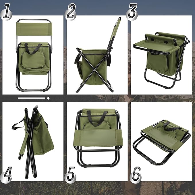 Jerify 2 Pcs Fishing Chair with Cooler Bag Multi-Function Foldable Compact Fishing Stool Hunting Chair Portable Backrest Stool with Folding Backpack for Finishing Camping Hunting Travel(Green)