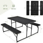 Folding Picnic Table and Bench Set w/Wood Grain for Adults, Indoor & Outdoor Steel Frame Collapsible Camping Table for BBQ, Parties, Camping and Picnic (Black)