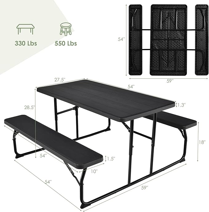 Folding Picnic Table and Bench Set w/Wood Grain for Adults, Indoor & Outdoor Steel Frame Collapsible Camping Table for BBQ, Parties, Camping and Picnic (Black)