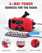 086S Hand Crank Emergency Radio - 2000mAh/7400mWh AM/FM/NOAA Solar Hand Crank Emergency Radio with 3 LED Flashlight, SOS Function for Emergencies, Camping - Red