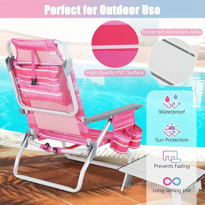 GYMAX Beach Chairs, Backpack Camping Chair with Armrest, Cooler Bag, Cup Holder, Towel Bar & Side Pockets, Sunbath Sling Tanning Lounge, Folding Layout Chair (with Table, Pink Stripe)
