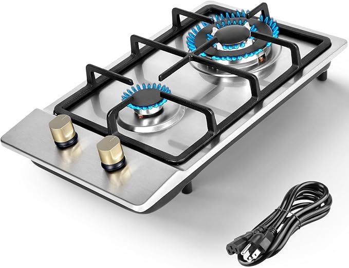 Llamaviva Gas Stove 12 Inch, Propane Cooktop 2 Burner, Portable Gas Cooktop Stainless Steel, Dual Fuel LPG/NG Convertible with Thermocouple Safety Protection for Kitchen, RV, Camping, Outdoor
