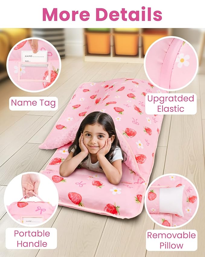 Toddler Nap Mat with Pillow and Minky Blanket, Large 55"x37" Sleeping Bag, Washable, Lightweight, Easy to Roll, Perfect for Preschool, Daycare, Kindergarten, Travel, Boys and Girl-Strawberry