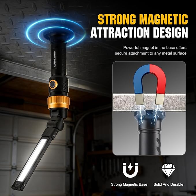 Magnetic Work Light,1200LM Magnetic LED Work Light Rechargeable Foldable Light Bar,360°Rotation 5 Modes, Portable Power Bank for Auto Repair,Grill,Camping and Outdoor(Gold)