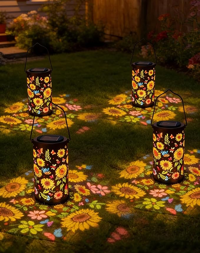 Colorful Sunflower Glow Solar Garden Lantern - 2026 Weather-Ready Sunflower Lantern for Every Season, IP65 Waterproof Metal Outdoor Hanging Light for Patio, Garden, Yard, Pathway (4PCS)