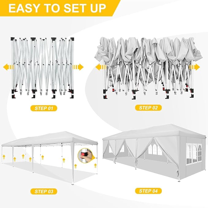 COBIZI 10x30 Pop Up Canopy with 8 Sidewalls for Parties Wedding Backyard, Waterproof Outdoor Commercial Event Shelter with Stakes, Ropes, Sandbags, White