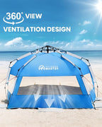 OutdoorMaster Beach Tent with Blackout Shelter Technology, Portable Sun Shade Shelter 4 Person, Pop Up Beach Tents with UPF 50+ UV Protection, 9.5mm Thick Pole, 3 Ventilating Mesh Windows