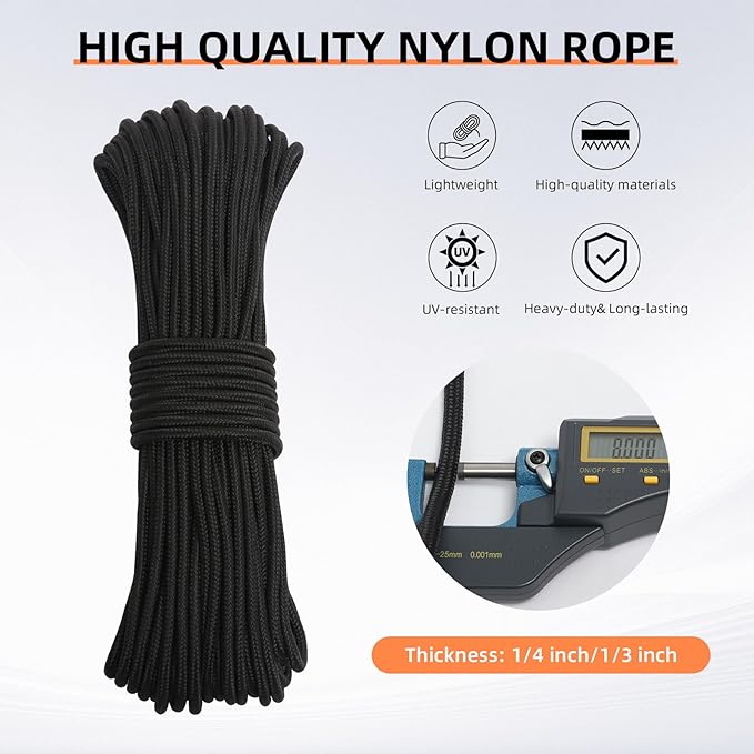Nylon Rope, 1/3 inch 100FT Nylon Poly Rope Utility Cord Strong Polyester for Camping, Hiking, Clothesline, Tie, Flag Pole, Marine, Outdoor Swing (8mm Black)