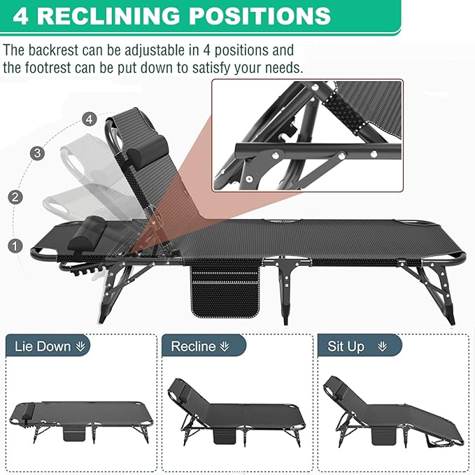 LILYPELLE Lounge Chair with Mattress, Heavy Duty Outside Lounge Chair Outdoor Portable Folding Lounge Chairs Sleeping Cots Bed for Camping, Pool, Beach, Patio