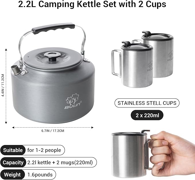 Bulin Camping Kettle, 2.2L Large Portable Stovetop Tea Kettle Fast Heating Boiling Hot Water for Open Fire Lightweight Coffee Pot with 2 Camping Cups & Lids for Outdoor Hiking Picnic Travel