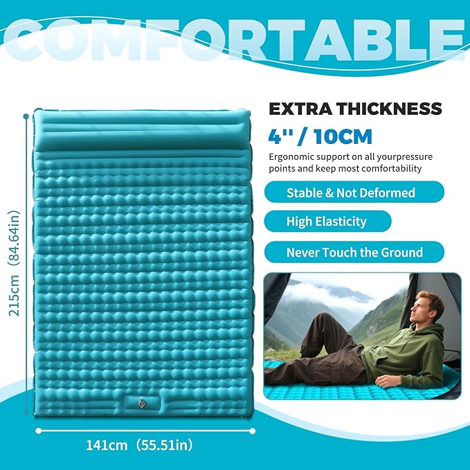 Camping Air Mattress, Self Inflating Sleeping Pad, Camping Gear, Travel Bed, Sleeping Pad, Portable Bed, Backpacking, Portable Mattress, Colchon Inflable (Blue)