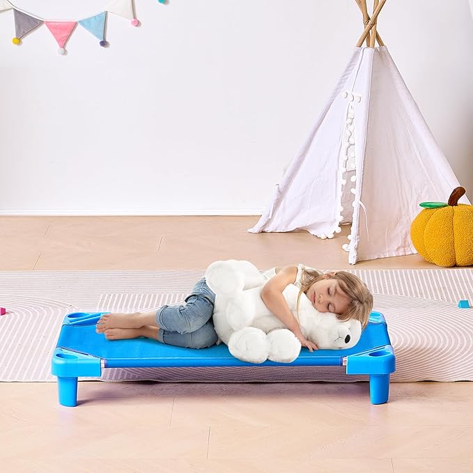 VEVOR Stackable Kiddie Cot, 6 Pack Portable Toddler Nap Cots, Standard Size 40" L x 23" W Daycare Cots for Kids, Preschool Classroom Daycare Beds for Sleeping, Resting, Naptime, Blue