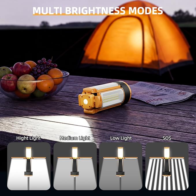 T-SUN 2 Pack Rechargeable Camping Light with Stand, 10400mAh LED Work Light 4100 Lumens with 4 LED Lamp Heads, Work Light with Detachable Tripod 67" Max Height (Orange)