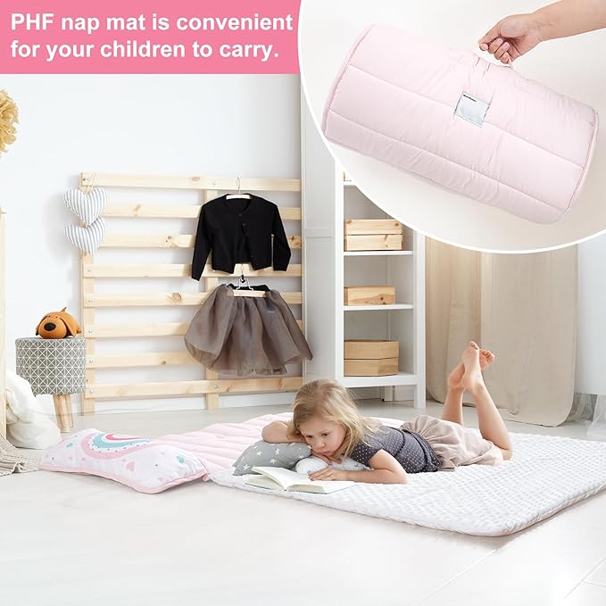 PHF Toddler Nap Mat with Removable Pillow and Minky Fleece Blanket, Rollup Design Warm Slumber Bags for Girls, 52"x20"x2" Kids Sleeping Bag for Daycare Preschool Travel Camping, Rainbow