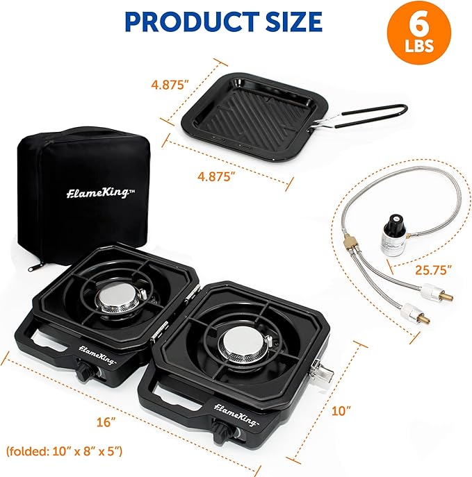 Flame King CampactCooker, Dual Burner Propane Camping Stove with Detachable Grill, Portable Foldable Cooking Stove 12,000 BTU, for Camping, Patio, Emergency, Hiking (Black)