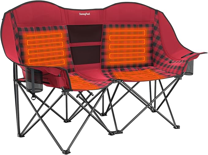 SUNNYFEEL Heated Double Camping Chair Oversized Folding Loveseat Chair for 2 Adults Heavy Duty Camping Couch 600 lbs with Cup Holders & Storage for Camping, Beach, Lawn, Patio RV & Indoor Use