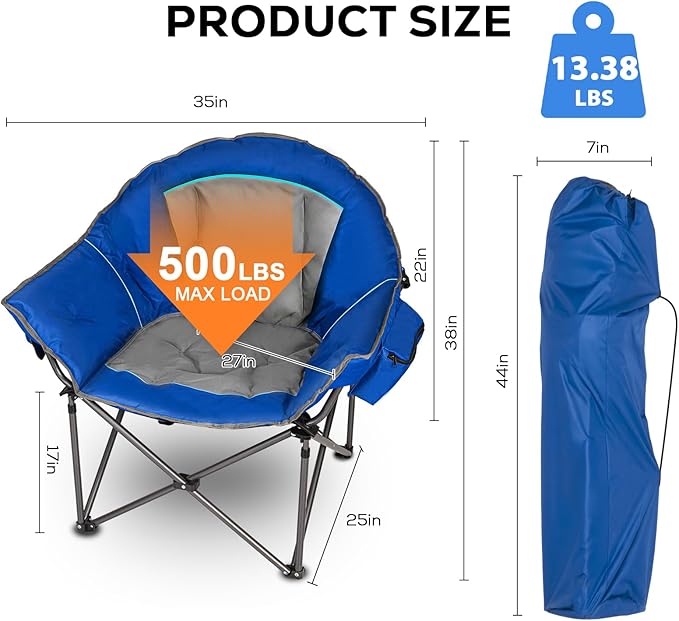 Romswi 2PK Oversized XL Padded Camping Chair for Adults, 500lbs Support Heavy-Duty Padded Folding Chair with Side Pocket Cup Holder, Wide&Thick, for Outdoor,Blue and Gray