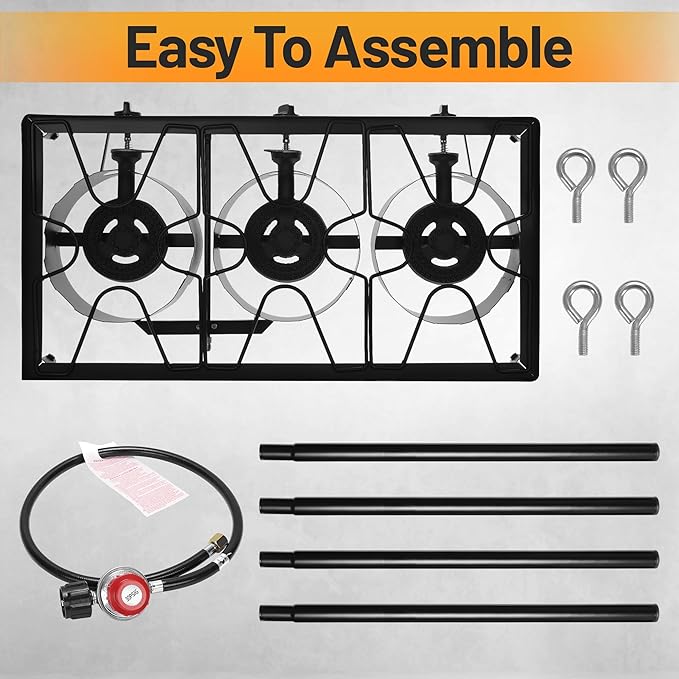Outdoor Camping Stove, 225000 BTU, High Pressure 3 Burner, Propane Gas Cooker with Detachable Legs, 30 PSI Regulator