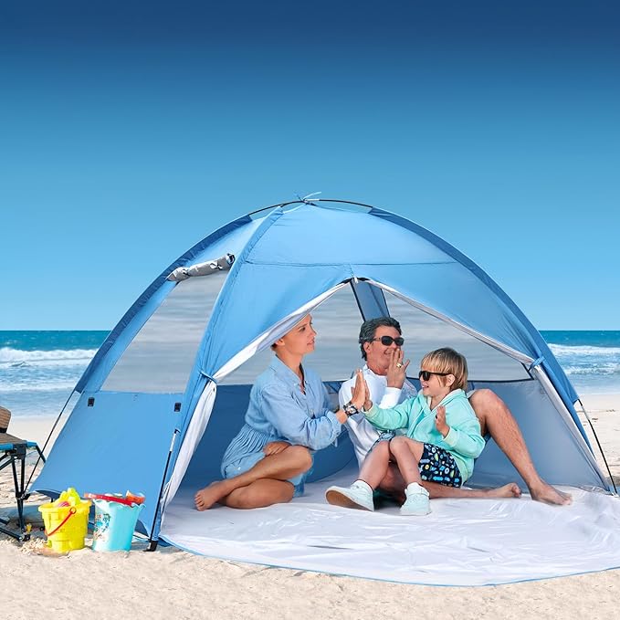 COVACURE 2026 New Upgraded Beach Tent Sun Shelter for 3-4 Person - UPF 50+ UV Protection Beach Shade, Waterproof & Lightweight, Easy Setup Portable Sun Canopy for Camping, Fishing, Beach(Blue)