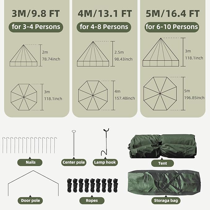 YOLENY Bell Tent, Yurt Tent 4/6/8/10 Person 4 Season Waterproof Glamping Tents w/Stove Jack for Family Camping Outdoor Party, Glamping Tents for Camping - 10/13.1/16.4FT