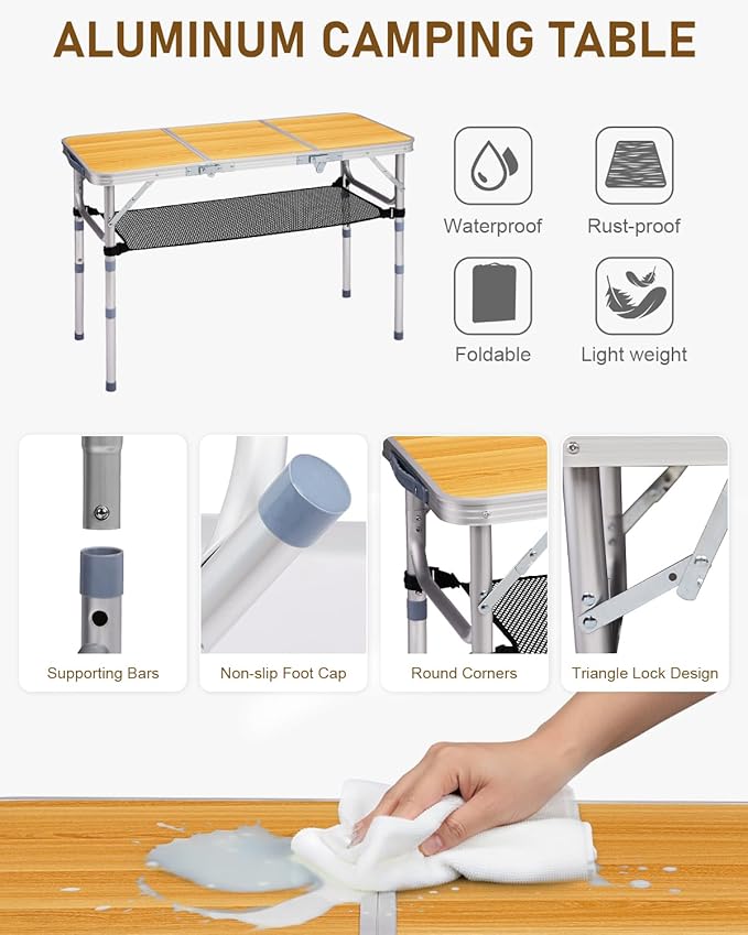 Outvita Folding Table, 3FT Aluminum Camping Table with Storage Adjustable Height Picnic Table Lightweight for Carring Outdoor Party Events Beach