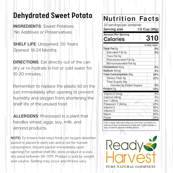 Ready Harvest Dehydrated Food - Sweet Potatoes | Emergency Food | Pantry Staples | #10 Can | 25-Year Shelf Life | Cans Filled to the Top