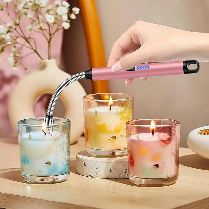 LcFun 3 Pack Candle Lighter with 360° Flexible Neck & Safety Lock, Windproof USB Rechargeable Electric Lighter, Flameless Arc Long Matches for Grill, BBQ, Camping, Fireplace, Stove (Gold,Pink,Silver)