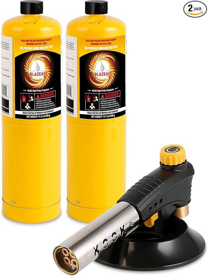 BLAZEAL Propane Torch Kit with 2x MAPP Gas,4-Flame Blow Torch Head with Propane Tank Base for MAP Gas,Work in All Angle,Trigger Start Torch Gun for Welding Brazing Soldering Grill Camping Cooking Food