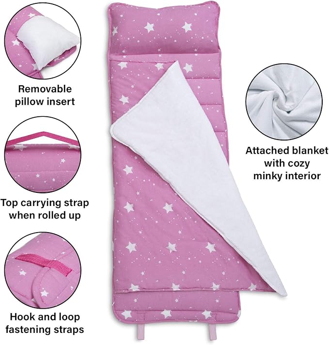 Delta Children Nap Mat - Includes Pillow & Blanket for Toddlers and Kids; Features Carry Handle w/Strap Closure and Name Tag; Rollup Design is Ideal for Preschool and Daycare; Personalization Optional