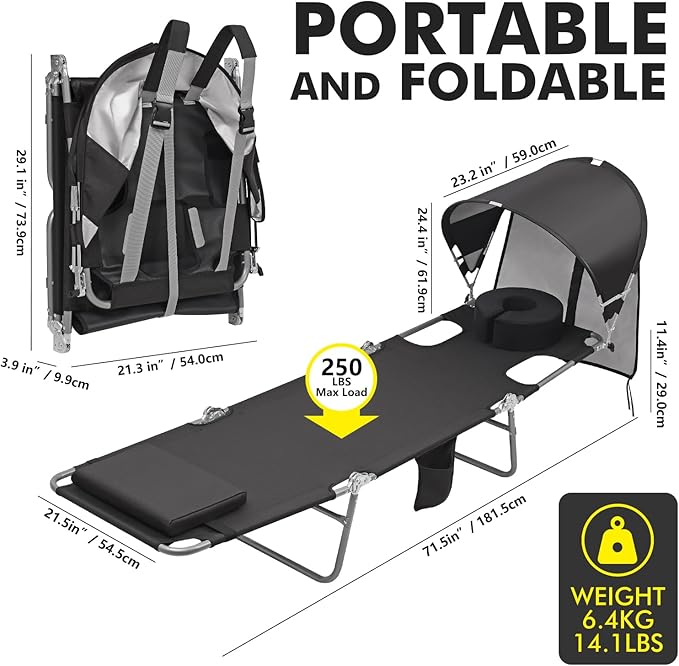 Backpack Beach Tanning Chair with UPF 50+ Canopy Sun Shade Face Hole, Folding Lounge Chair Reclining 6 Position for Adults Reading Sunbathing Outside Poolside Camping