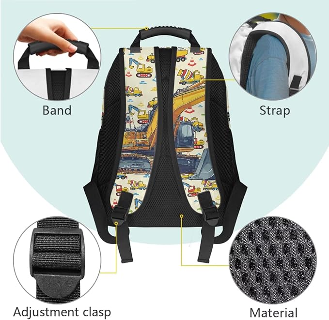 Excavator Backpack and Lunch Box Set Boys American Flag 17 Inch Kids School Backpack Boy Bookbag with Lunch Box Set of 4 Students Back to School Gifts Bag