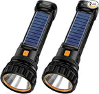 2pcs Solar/Rechargeable Multi Function 1000 Lumens LED Flashlight, with Emergency Strobe Light and 1200 Mah Battery, Emergency Power Supply and USB Charging Cable, Fast Charging (2PC)