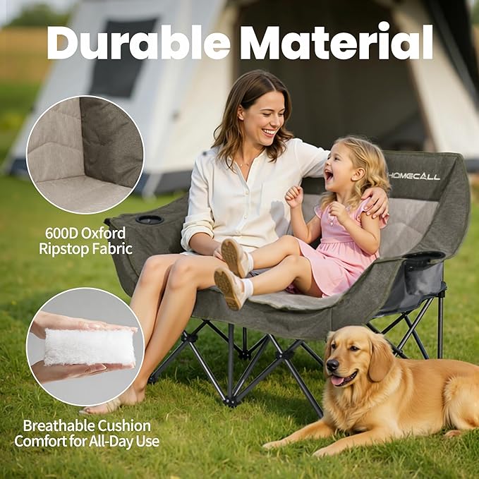 Double Camping Chair for Adults - Heavy Duty Folding Loveseat Support 700 lbs, 2 Person Padded Camping Couch Portable with Cup Holders & Storage Bag for Camping, Lawn, Sports, Green