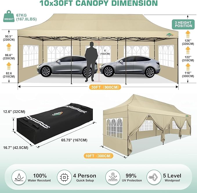 COBIZI 10x30 Pop Up Canopy Heavy Duty with 8 Removable Sidewalls, Commercial Portable Tents for Parties Ez Up Canopy All-Weather Windproof & Waterproof UPF 80+ Wedding Tent